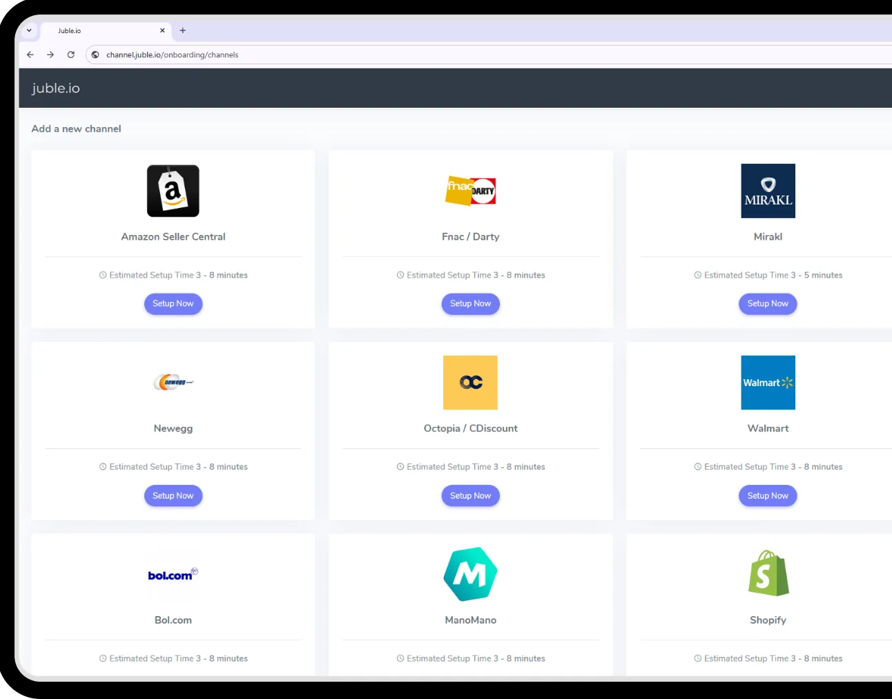 Channel setup dashboard showing connected marketplaces