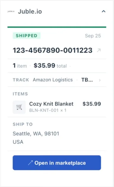 Freshdesk sidebar widget showing marketplace order details from Juble.io