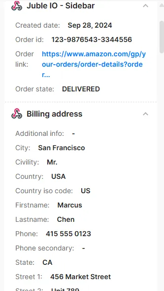 Order details and customer history surfaced in the helpdesk sidebar for agents