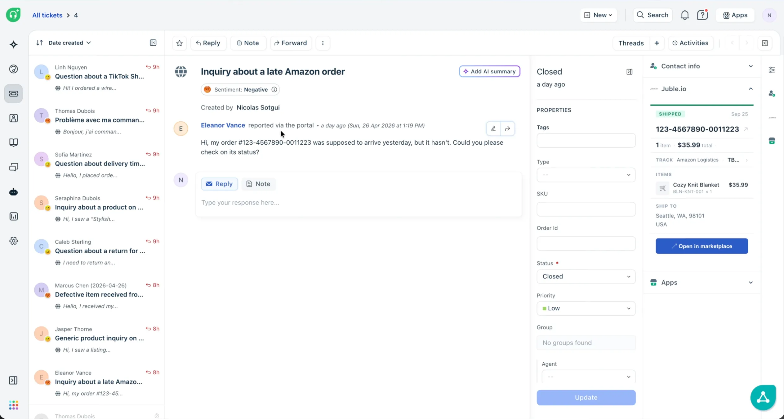 Freshdesk inbox showing marketplace conversations synced by Juble.io
