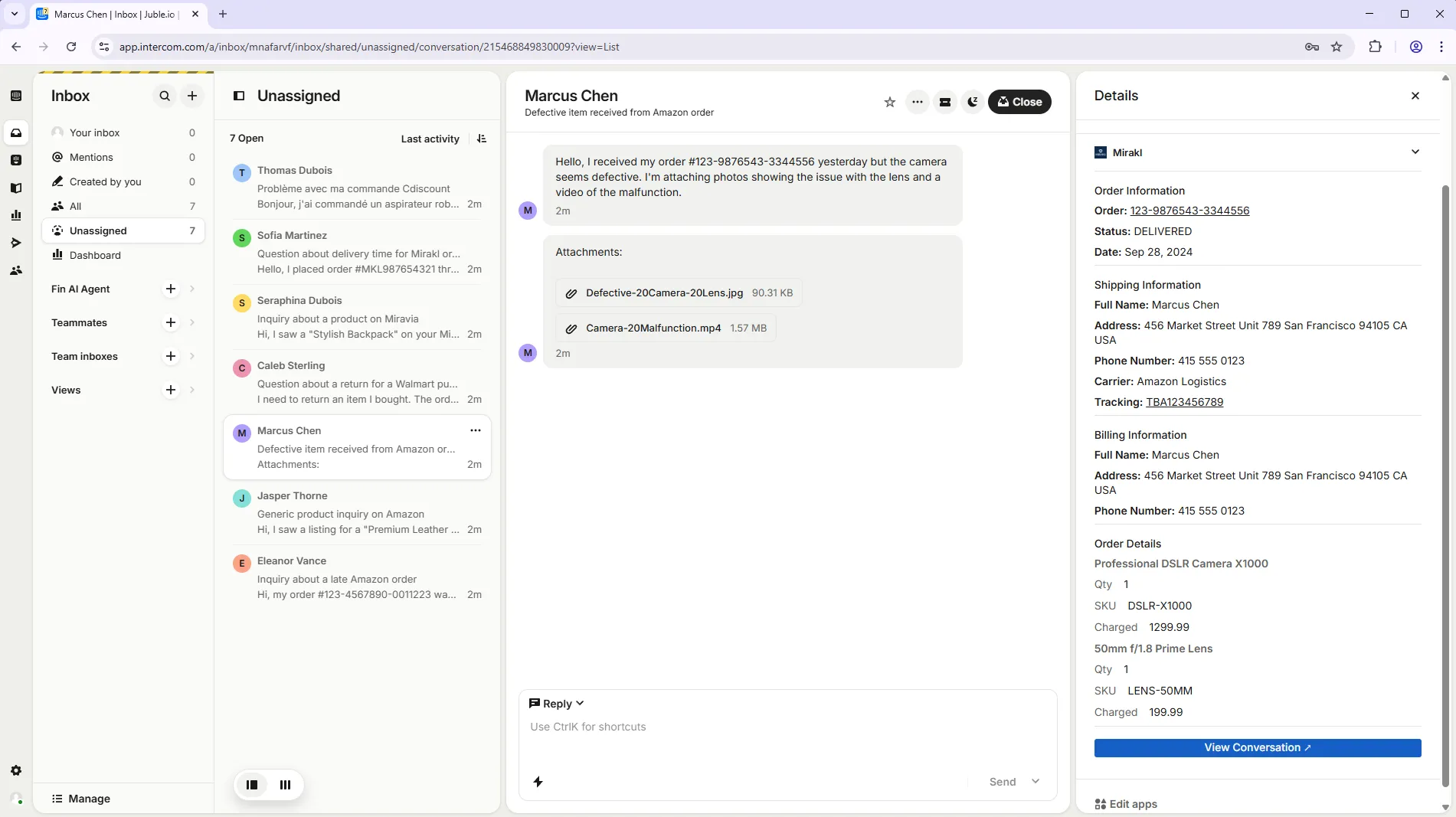 Intercom inbox showing marketplace conversations synced by Juble.io