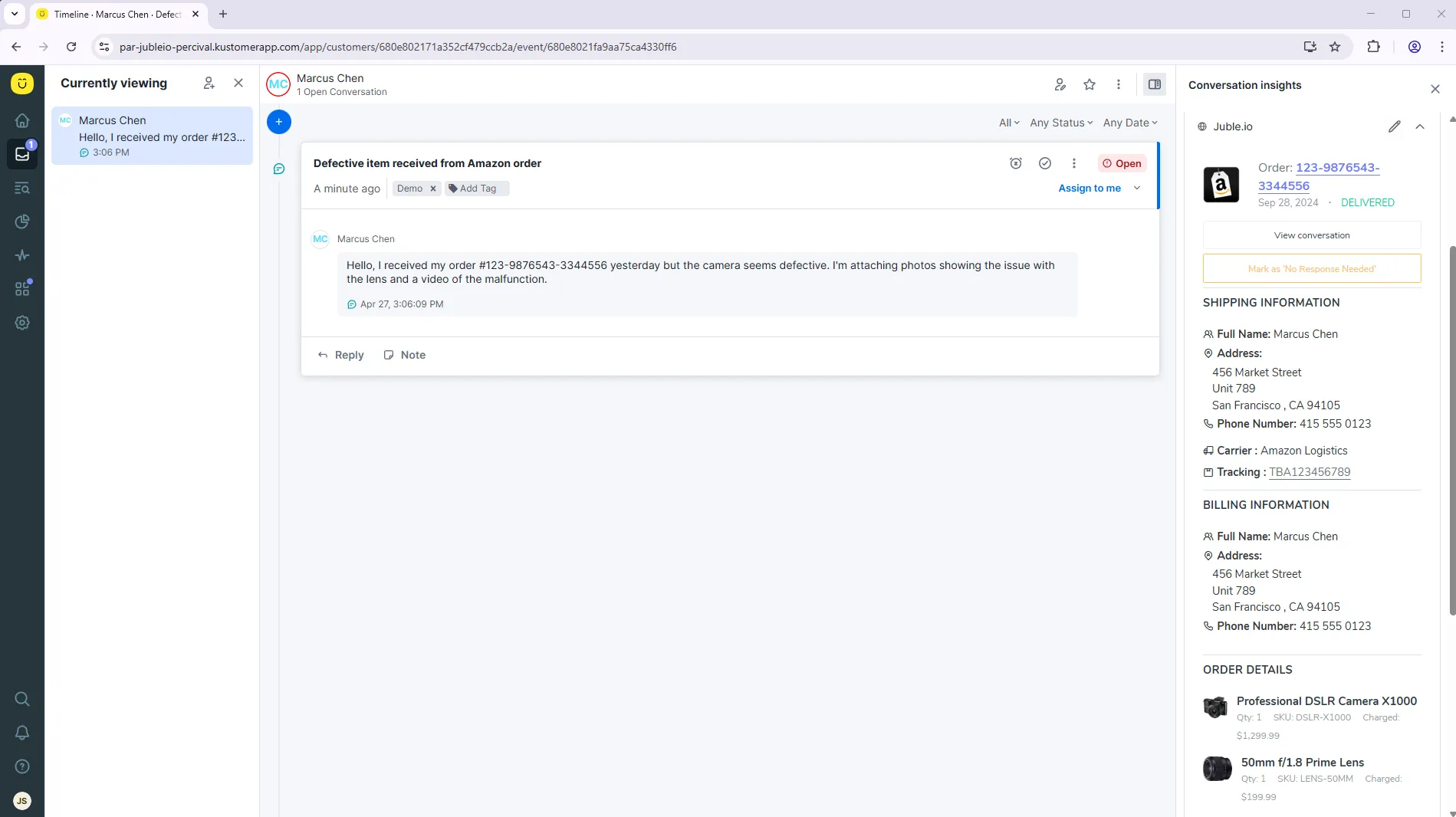 Kustomer inbox showing marketplace conversations synced by Juble.io