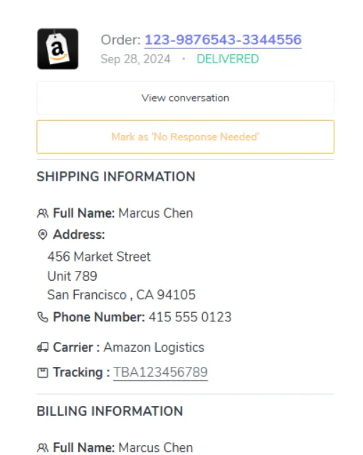Order history and tracking data shown in the helpdesk sidebar