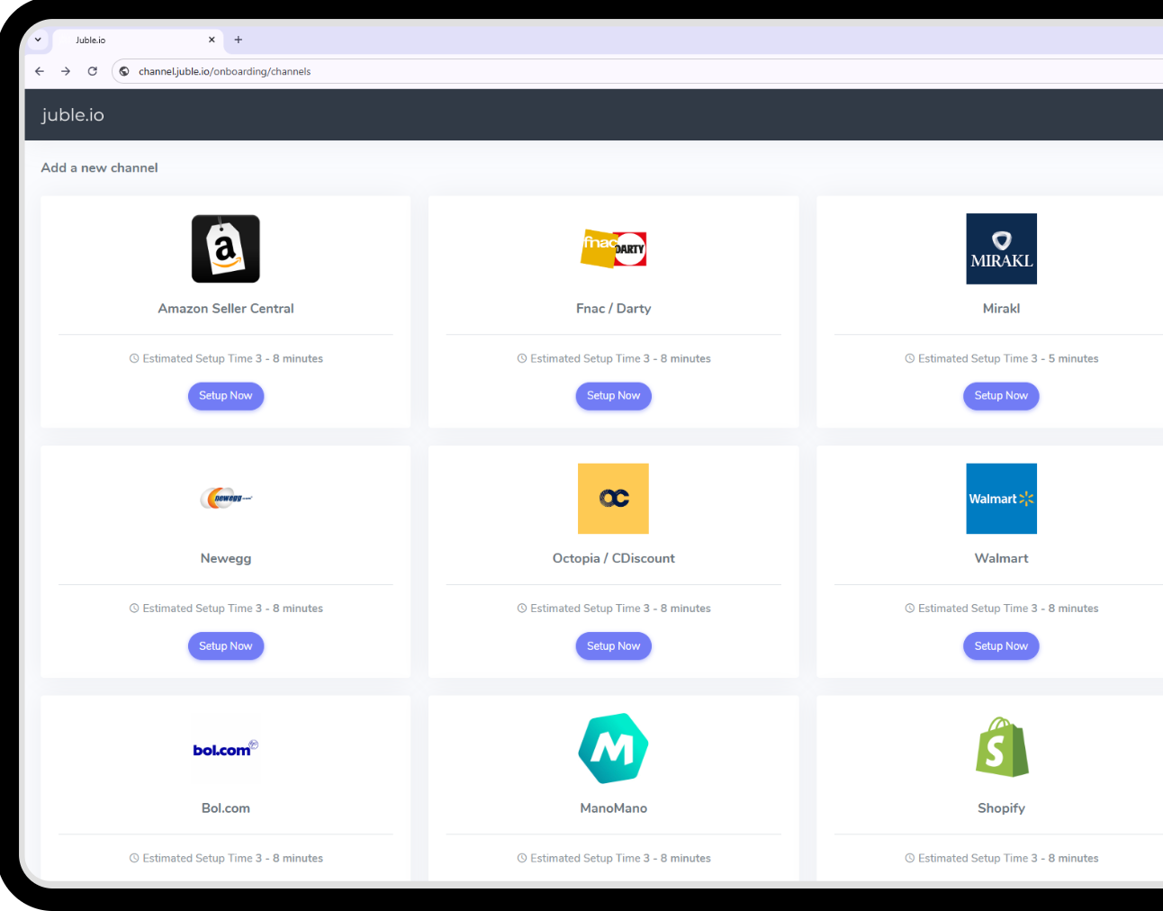 Channel setup dashboard showing connected marketplaces