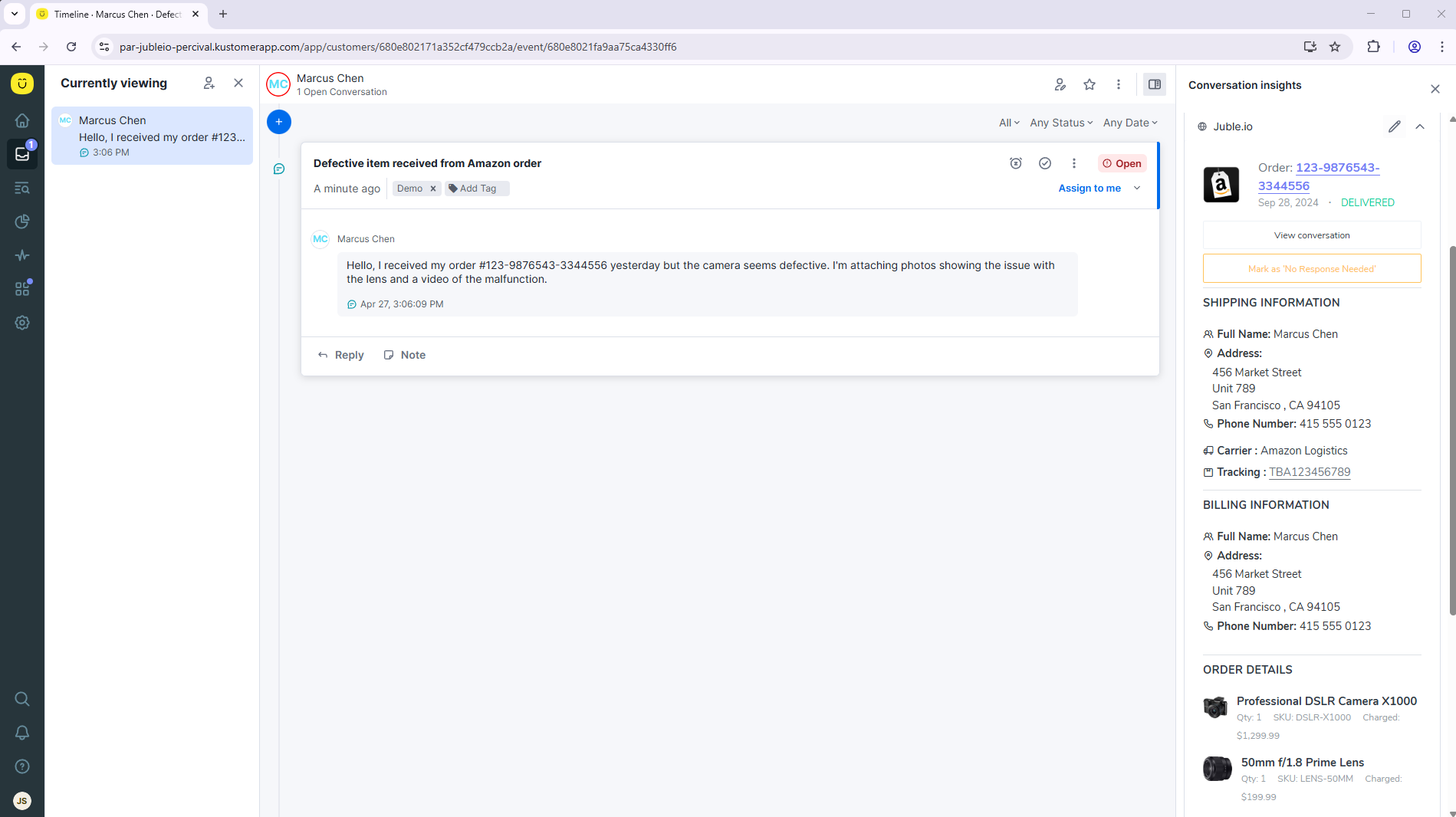 Kustomer inbox showing marketplace conversations synced by Juble.io