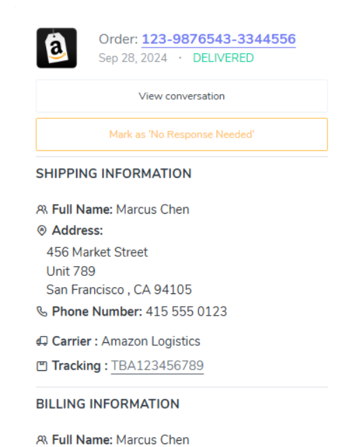 Order history and tracking data shown in the helpdesk sidebar